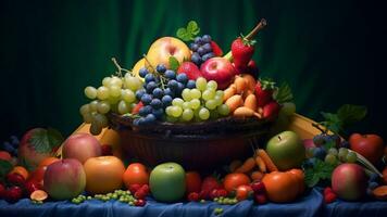 frescor do natureza recompensa uva, maçã, tomate, morango, Melão, pêssego gerado de ai foto