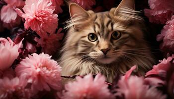 fofa gatinho sentado, olhando às Câmera, cercado de lindo flores gerado de ai foto