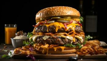 grelhado carne hamburguer com queijo, tomate, cebola, e francês fritas gerado de ai foto