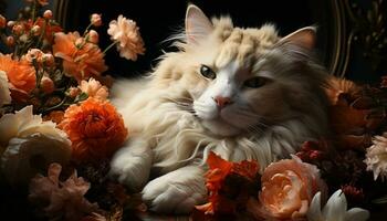 fofa gatinho sentado, olhando às Câmera, cercado de lindo flores gerado de ai foto