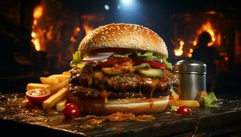 grelhado carne hamburguer em uma gourmet pão, com queijo e tomate gerado de ai foto