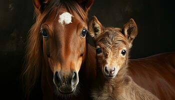 fofa cavalo e potro pastar dentro Prado, olhando às Câmera gerado de ai foto