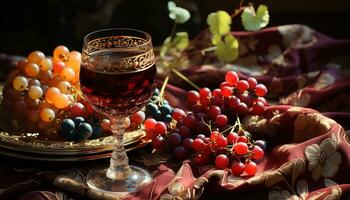 uva vinho, fruta álcool, beber natureza, Comida folha mesa copo de vinho gerado de ai foto