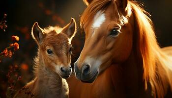 fofa cavalo família pastar dentro Prado, desfrutando a pôr do sol gerado de ai foto