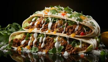 grelhado carne taco com tomate, guacamole, e fresco coentro em pão sírio gerado de ai foto