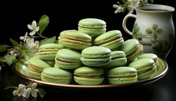 indulgente caseiro macaroon pilha, uma doce francês gourmet deleite gerado de ai foto