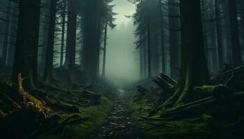 misterioso névoa véus assustador floresta, outono folhas crio uma fantasia gerado de ai foto