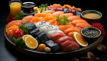 frescor em uma prato frutos do mar, sashimi, maki Sushi, nigiri, filé gerado de ai foto
