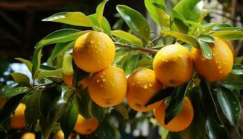 frescor do citrino fruta em uma verde árvore ramo dentro natureza gerado de ai foto
