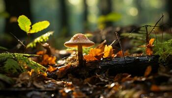 outono floresta, folha crescimento, fresco verde cores, comestível cogumelo beleza gerado de ai foto