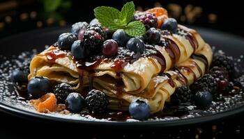 frescor e Doçura em uma placa, gourmet baga fruta sobremesa gerado de ai foto