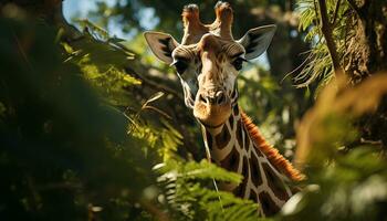 girafa dentro a selvagem, olhando bonitinho, cercado de verde Relva gerado de ai foto