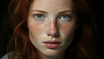 uma lindo jovem mulher com vermelho cabelo e azul olhos gerado de ai foto
