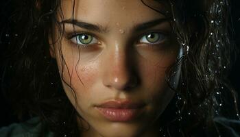 uma jovem mulher beleza brilha através dentro a gota de chuva gerado de ai foto