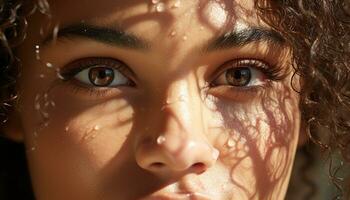 uma jovem mulher inocente sorrir reflete alegria dentro natureza beleza gerado de ai foto