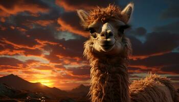 alpaca olhares fixos às pôr do sol, Está pele brilhando dentro dourado luz gerado de ai foto