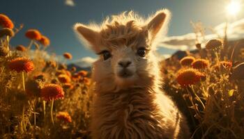 uma fofa fofo alpaca roça dentro a verde Prado gerado de ai foto