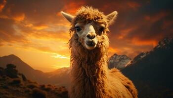 alpaca pastar em uma montanha fazenda, pôr do sol tintas natureza beleza gerado de ai foto