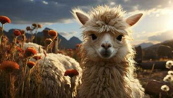 fofa alpaca roça dentro a Prado, desfrutando a lindo pôr do sol gerado de ai foto