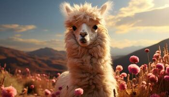 fofo alpaca pastar dentro a Prado, desfrutando a lindo pôr do sol gerado de ai foto