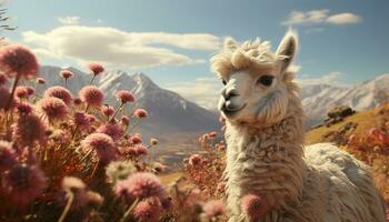 uma fofa alpaca pastar dentro a montanha Prado às pôr do sol gerado de ai foto