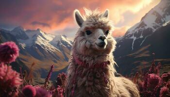 fofo alpaca roça em montanha Prado, capturando natureza beleza gerado de ai foto