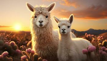 fofo alpaca pastar dentro a Prado, desfrutando a verão Sol gerado de ai foto