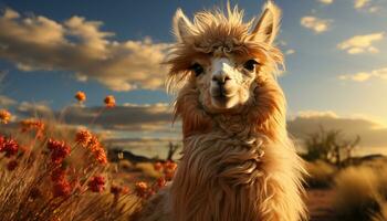 fofa alpaca sorridente, olhando às Câmera dentro lindo rural panorama gerado de ai foto