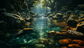 majestoso montanha reflete dentro tranquilo fluindo água, natureza beleza gerado de ai foto