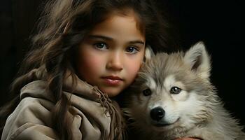 uma fofa cachorro retrato, uma criança olhando às Câmera, sorridente gerado de ai foto