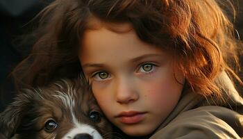 fofa criança abraços brincalhão filhote de cachorro, puro amor e felicidade gerado de ai foto