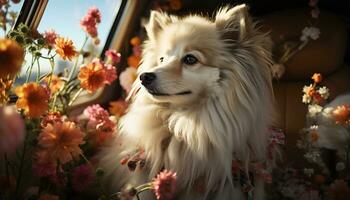 fofa cachorro sentado ao ar livre, cercado de amarelo flores, olhando alegre gerado de ai foto