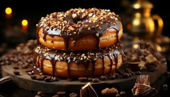 indulgente caseiro rosquinha, chocolate glacê, fresco café em madeira gerado de ai foto