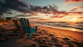 pôr do sol sobre tranquilo litoral, areia e água refletir crepúsculo beleza gerado de ai foto