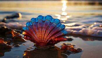 pôr do sol sobre a tranquilo litoral, natureza beleza refletido dentro água gerado de ai foto