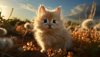 fofo gatinho sentado dentro grama, brincalhão dentro luz solar gerado de ai foto