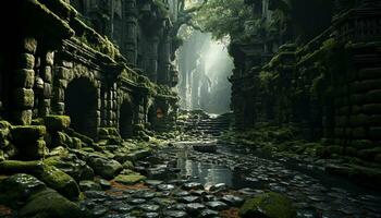 antigo ruínas dentro Sombrio floresta aguarde misterioso espiritualidade gerado de ai foto