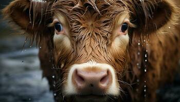 fofa vaca pastar em verde Prado, olhando às Câmera gerado de ai foto