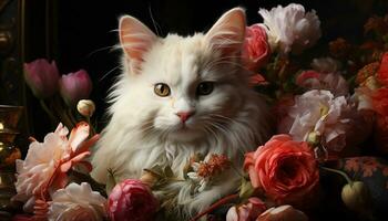 fofa gatinho sentado, olhando às Câmera, cercado de flores gerado de ai foto