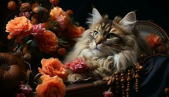 fofa gatinho sentado, olhando às Câmera, cercado de flores gerado de ai foto