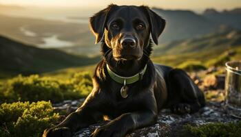 fofa cachorro sentado ao ar livre, olhando às pôr do sol sobre montanhas gerado de ai foto