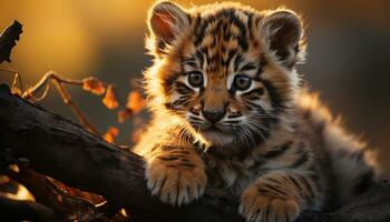 uma fofa jovem Bengala tigre, sentado dentro a floresta gerado de ai foto