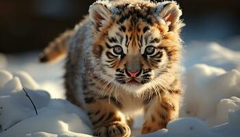 uma fofa Bengala tigre, pele listrado, olhando às Câmera gerado de ai foto