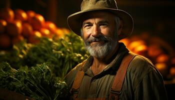 uma sorridente agricultor, ao ar livre dentro natureza, colheita fresco legumes gerado de ai foto