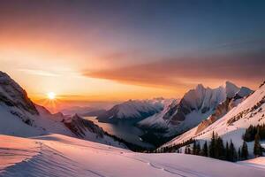 uma tirar o fôlego Vejo do neve limitado montanha picos Aumentar alta contra uma colorida pôr do sol céu. ai gerado foto