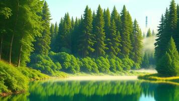 uma calma lago com alta verde árvores e névoa por aí isto. ilustração, ai gerado foto