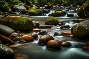 isto cenário mostra uma detalhado Visão do pedras dentro uma fluxo, capturando a suave movimento do água e a natural sistema isto cria.. criativo recurso, ai gerado foto