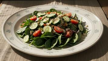 bem vegetal salada do reforço tomate , pepino , cebola , espinafre , alface e sésamo em prato . dieta cardápio . ultrapassarem status. criativo recurso, ai gerado foto