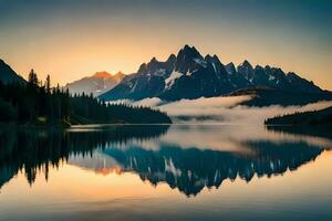 uma calma lago refletindo a brilhante montanha picos este cimento isto. ai gerado foto