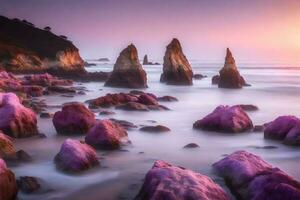 dentro a manhã, a da água Beira tem bonita pedras este estão Rosa e roxo.. criativo recurso, ai gerado foto